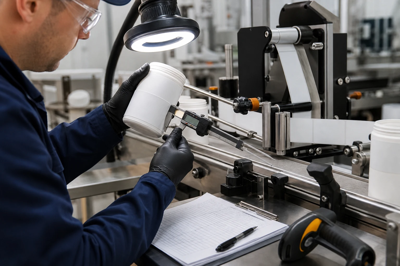 Technician checking label alignment with inspection tools
