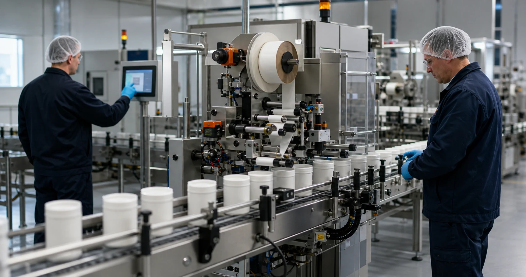 Operators monitoring an automated contract labelling production line